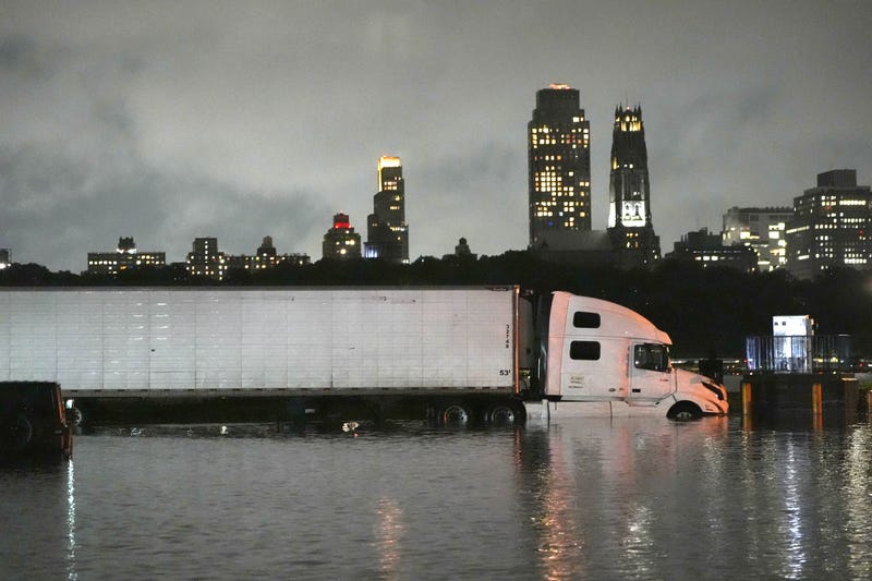 Flooding is seen in New Jersey, with Upper Manhattan in the background, on July 14, 2025