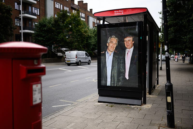 A photograph of US President Donald Trump and convicted child sex offender Jeffrey Epstein is displayed after being unofficially installed in a bus shelter on July 17 in London, England.
