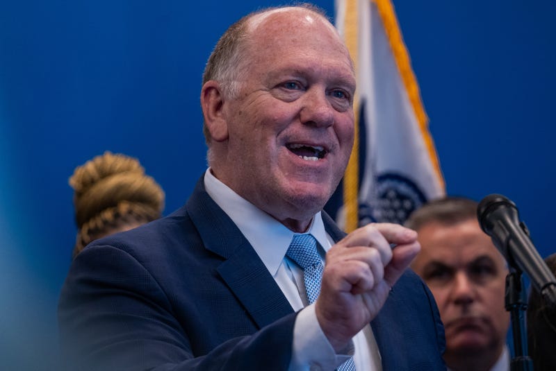 Border czar Tom Homan joins Homeland Security Secretary Kristi Noem at a news conference in New York following the weekend shooting of an off-duty Customs and Border Protection officer by an illegal migrant on July 21, 2025 in New York City. 