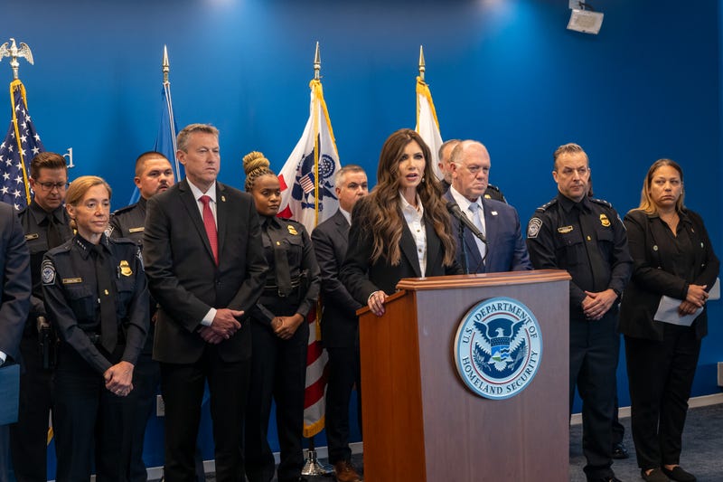 Homeland Security Secretary Kristi Noem speaks at a news conference in New York following the weekend shooting of an off-duty Customs and Border Protection officer by an illegal migrant on July 21, 2025 in New York City