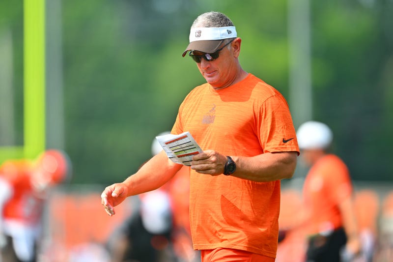 Defensive coordinator Jim Schwartz of the Cleveland Browns reviews his plays during training camp at CrossCountry Mortgage Campus on July 26, 2025 in Berea, Ohio.