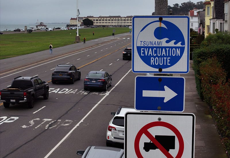 A tsunami evacuation sign is posted near the Marina Green on July 30, 2025 in San Francisco