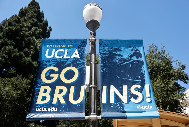 A 'Go Bruins!' sign is posted on the UCLA campus on July 30, 2025 in Los Angeles, California. 