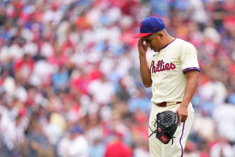 Phillies pitcher Ranger Suárez makes his way to the dugout after being removed from the game in the top of the seventh inning against the Baltimore Orioles at Citizens Bank Park on Aug. 6.