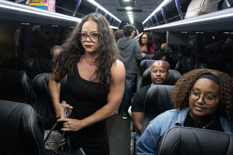 CAROL STREAM, ILLINOIS - AUGUST 03: Texas state lawmakers board a bus following a press conference at the DuPage County Democratic Party headquarters on August 03, 2025 in Carol Stream, Illinois. The group of Democratic lawmakers left the state earlier today so a quorum could not be reached during a special session called to redistrict the state. (Photo by Scott Olson/Getty Images)