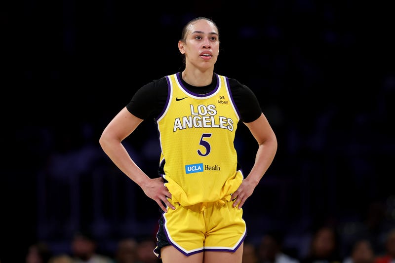 Dearica Hamby #5 of the Los Angeles Sparks looks on against the Las Vegas Aces at Crypto.com Arena on July 29, 2025 in Los Angeles, California.