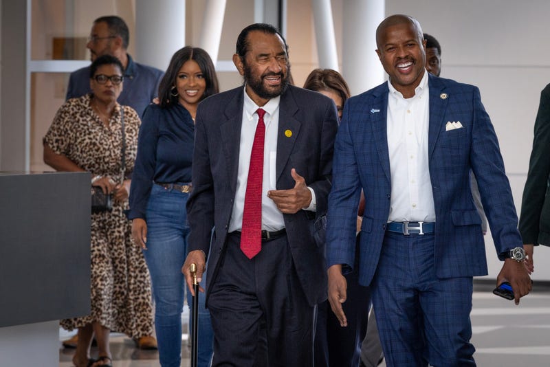 Texas Democrats arrive for a press conference at the International Brotherhood of Electrical Workers union hall on Aug. 4, 2025, in Warrenville, Illinois.