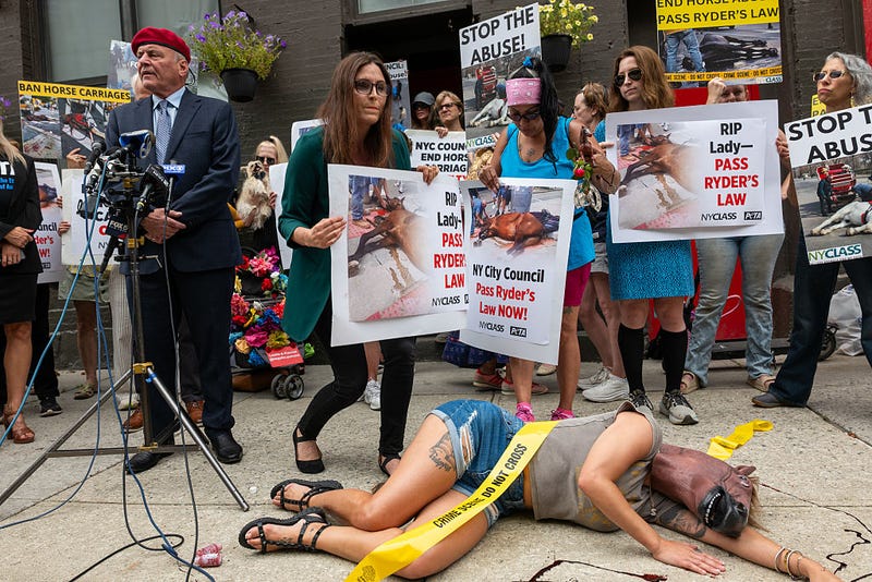 Mayoral candidate Curtis Sliwa joins over a dozen activists and others outside a 19th-century building housing more than 80 carriage horses to condemn the use of horses in Central Park on Aug. 6, 2025 after the death of Lady. 