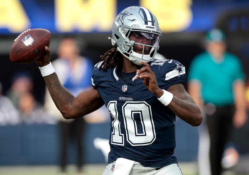 Joe Milton III #10 of the Dallas Cowboys throws against the Dallas Cowboys in the first half of a NFL Preseason 2025 game at SoFi Stadium on Aug. 9, 2025 in Inglewood, California.