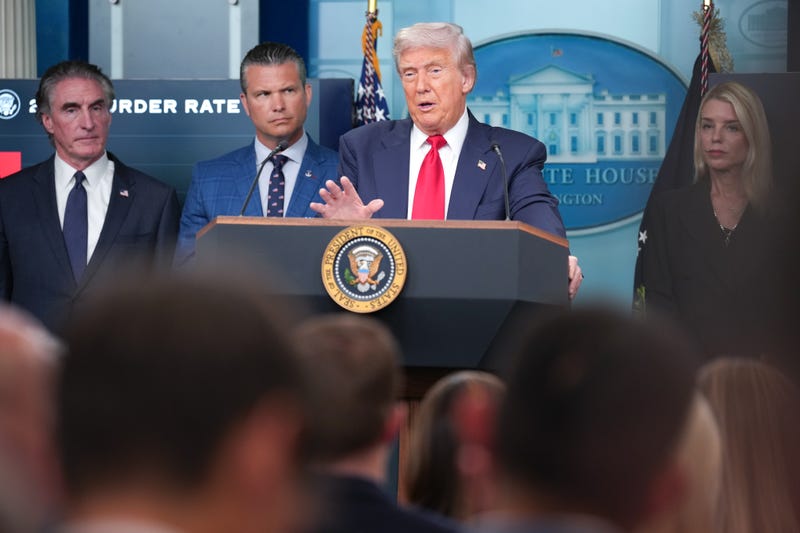 President Donald Trump delivers remarks during a press conference at the White House on Aug. 11, 2025, in Washington, D.C., announcing that he will use his authority to place the DC Metropolitan Police Department under federal control to assist in crime prevention in the nation’s capital. Also pictured (left to right) are Secretary of the Interior Doug Burgum, Secretary of Defense Pete Hegseth, and Attorney General Pam Bondi.