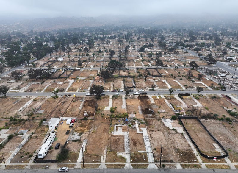 An aerial view of cleared properties which burned in the Eaton Fire on August 15, 2025 in Altadena, California.