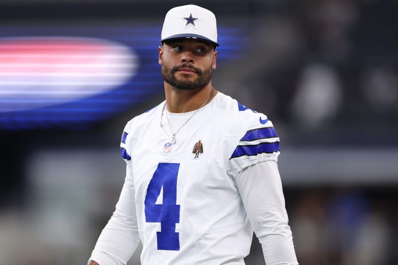 ARLINGTON, TEXAS - AUGUST 22: Dak Prescott #4 of the Dallas Cowboys looks on prior to the NFL Preseason 2025 game against the Atlanta Falcons at AT&T Stadium on August 22, 2025 in Arlington, Texas. (Photo by Sam Hodde/Getty Images)