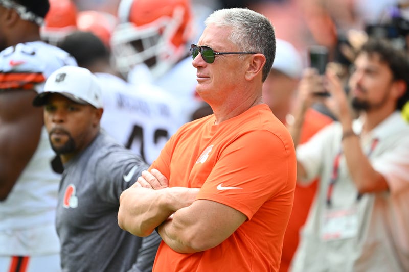 CLEVELAND, OHIO - AUGUST 23: Defensive coordinator Jim Schwartz of the Cleveland Browns watches warmup before an NFL Preseason 2025 game against the Los Angeles Rams at Huntington Bank Field on August 23, 2025 in Cleveland, Ohio. (Photo by Jason Miller/Getty Images)