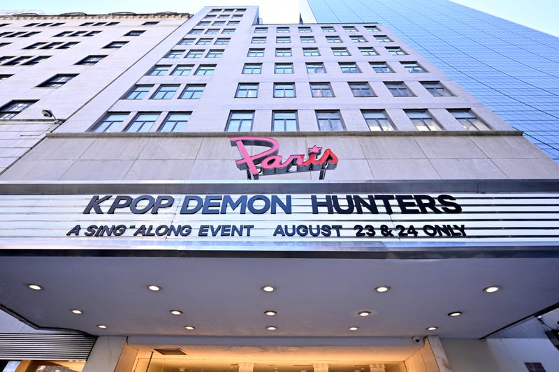 A view of the marquis during the KPop Demon Hunters A Sing-Along Event fan surprise at Paris Theater on August 23, 2025 in New York City. 