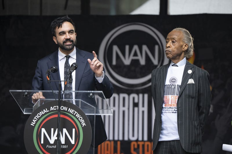 New York City mayoral candidate Zohran Mamdani speaks during the National Action Network (NAN) March on Wall Street