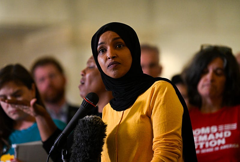 U.S. Rep. Ilhan Omar (D-MN) (C) speaks during a press conference at City Hall following a mass shooting at Annunciation Catholic School on August 28, 2025 in Minneapolis, Minnesota.