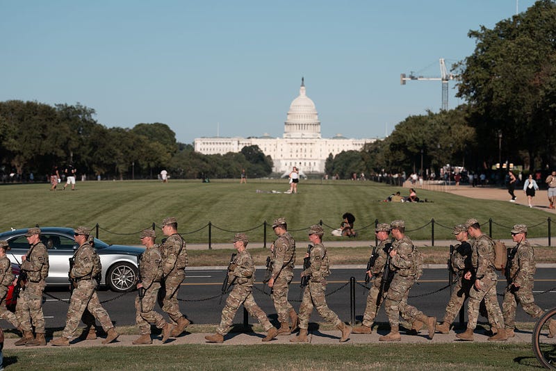 A National Guard unit patrols the National Mall on August 30, 2025 in Washington, DC. 