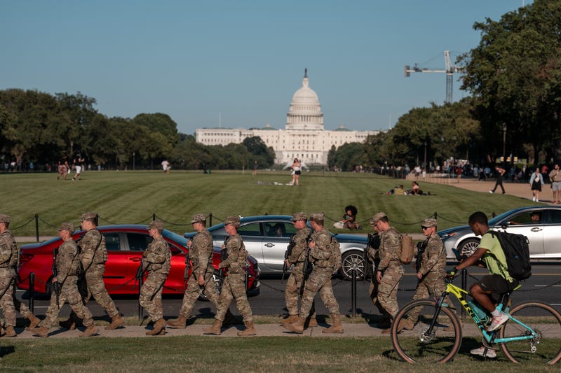 A National Guard unit patrols the National Mall on August 30, 2025 in Washington, D.C