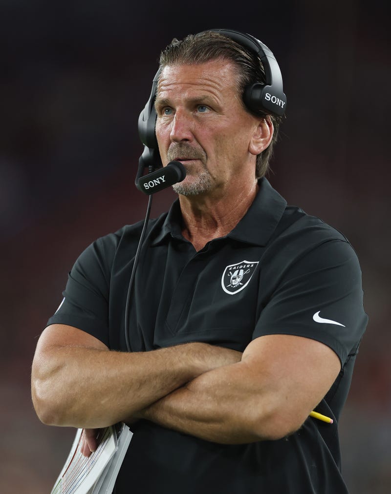 quarterbacks coach Greg Olson of the Las Vegas Raiders on the sidelines during the NFL preseason 2025 game at State Farm Stadium on August 23, 2025 in Glendale, Arizona.