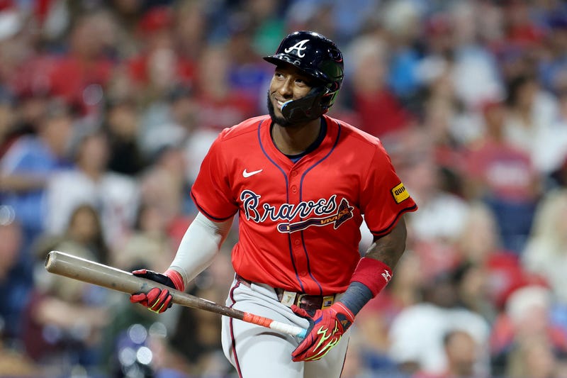 PHILADELPHIA, PENNSYLVANIA - AUGUST 29: Jurickson Profar #7 of the Atlanta Braves reacts to a pop out in the seventh inning during a game against the Philadelphia Phillies at Citizens Bank Park on August 29, 2025 in Philadelphia, Pennsylvania.