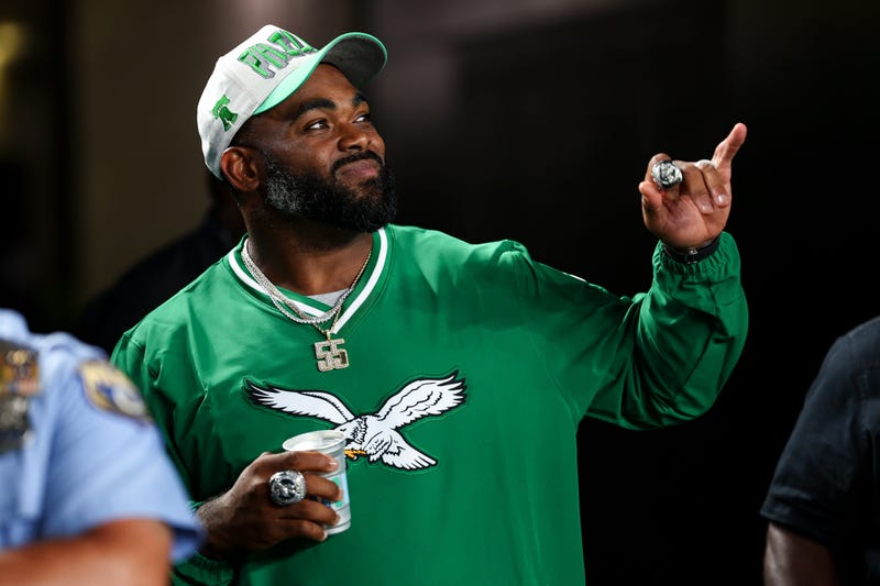 Former Philadelphia Eagles defensive end Brandon Graham smiles during the first half of an NFL football game between the Philadelphia Eagles and the Dallas Cowboys at Lincoln Financial Field on September 4, 2025 in Philadelphia,