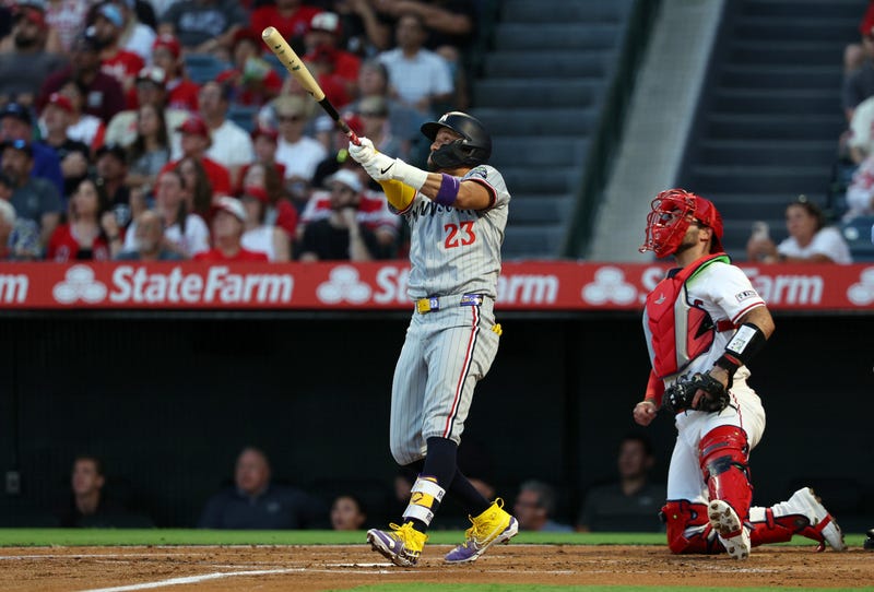 Royce Lewis #23 of the Minnesota Twins hits a two-run home run against pitcher Caden Dana #36 of the Los Angeles Angels during the second inning at Angel Stadium of Anaheim on September 8, 2025 in Anaheim, California.