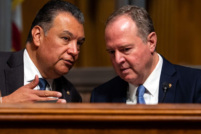 Sen. Alex Padilla (D-CA) and Sen. Adam Schiff (D-CA) talk with each other as former Meta researchers Jason Sattizahn and Cayce Savage testify during a Senate Judiciary Subcommittee on Privacy, Technology, and the Law hearing titled "Hidden Harms: Examining Whistleblower Allegations that Meta Buried Child Safety Research" on Capitol Hill on September 9, 2025 in Washington, DC. 
