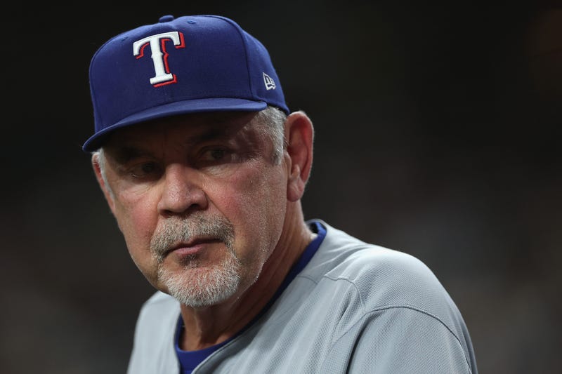 PHOENIX, ARIZONA - SEPTEMBER 01: Manager Bruce Bochy #15 of the Texas Rangers watches from the dugout during the MLB game against the Arizona Diamondbacks at Chase Field on September 01, 2025 in Phoenix, Arizona. (Photo by Christian Petersen/Getty Images)