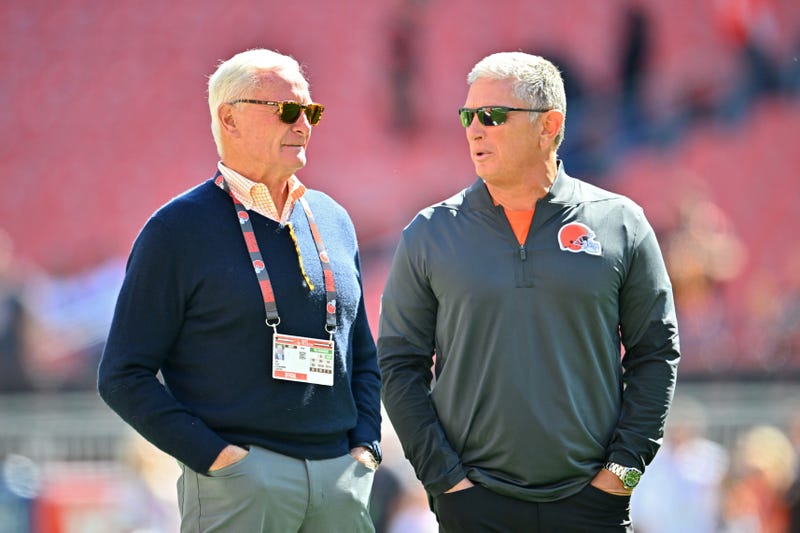 Jimmy Haslam, co-owner of the Cleveland Browns, speaks with defensive coordinator Jim Schwartz prior to the game against the Cincinnati Bengals during the game at Huntington Bank Field on September 07, 2025 in Cleveland, Ohio