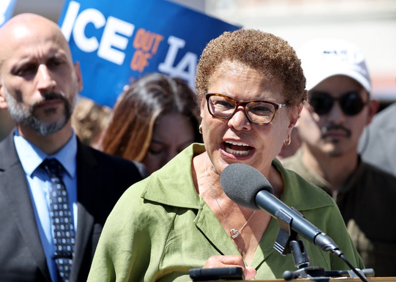 Los Angeles Mayor Karen Bass speaks at a press conference with immigrant community leaders outside a Home Depot on September 8, 2025 in Los Angeles, California. 