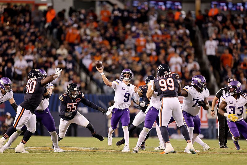 J.J. McCarthy #9 of the Minnesota Vikings makes a pass during the fourth quarter of the game against the Chicago Bears at Soldier Field on September 08, 2025 in Chicago, Illinois. 