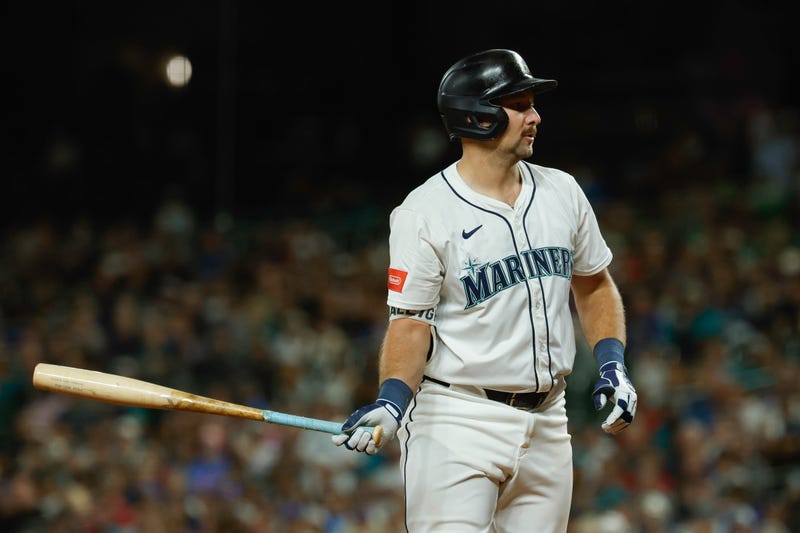 Cal Raleigh #29 of the Seattle Mariners tosses his bat after taking base on balls during the sixth inning against the St. Louis Cardinals at T-Mobile Park on September 08, 2025 in Seattle, Washington.