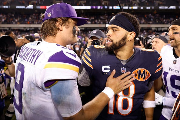 J.J. McCarthy #9 of the Minnesota Vikings shakes hands with Caleb Williams #18 of the Chicago Bears after the game at Soldier Field on September 08, 2025 in Chicago, Illinois. (Photo by Michael Reaves/Getty Images)