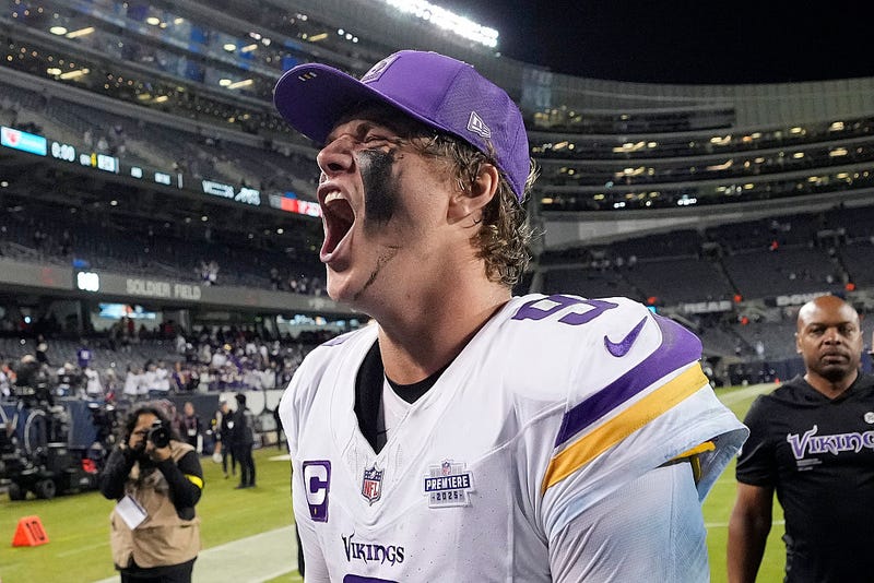J.J. McCarthy #9 of the Minnesota Vikings celebrates after defeating the Chicago Bears 27-24 at Soldier Field on September 08, 2025 in Chicago, Illinois.