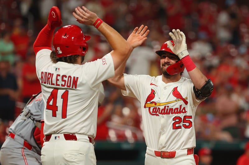 Thomas Saggese #25 of the St. Louis Cardinals celebrates after hitting a two-run home run against the Cincinnati Reds in the third inning at Busch Stadium on September 16, 2025 in St Louis, Missouri.