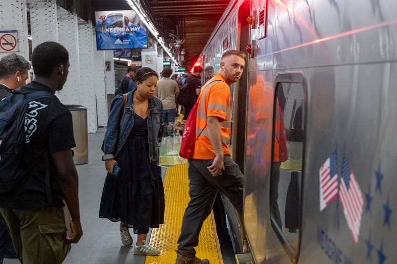 Customers wait outside of a Long Island Railroad (LIRR) customer service and ticketing counter on Sept. 15, 2025