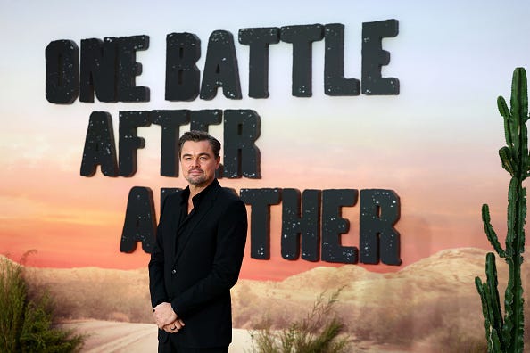 Leonardo Dicaprio poses on the red carpet at the premiere of One Battle After Another