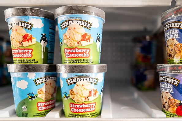 Ben & Jerry's ice cream is displayed for sale on shelves in a Target store on September 17, 2025 in Austin, Texas. Ben & Jerry's Co-founder, Jerry Greenfield is leaving the company after 47 years. His departure comes after ongoing contention with Ben & Jerry's parent company, Unilever's over its stance regarding the addressing of social issues. (Photo by Brandon Bell/Getty Images)
