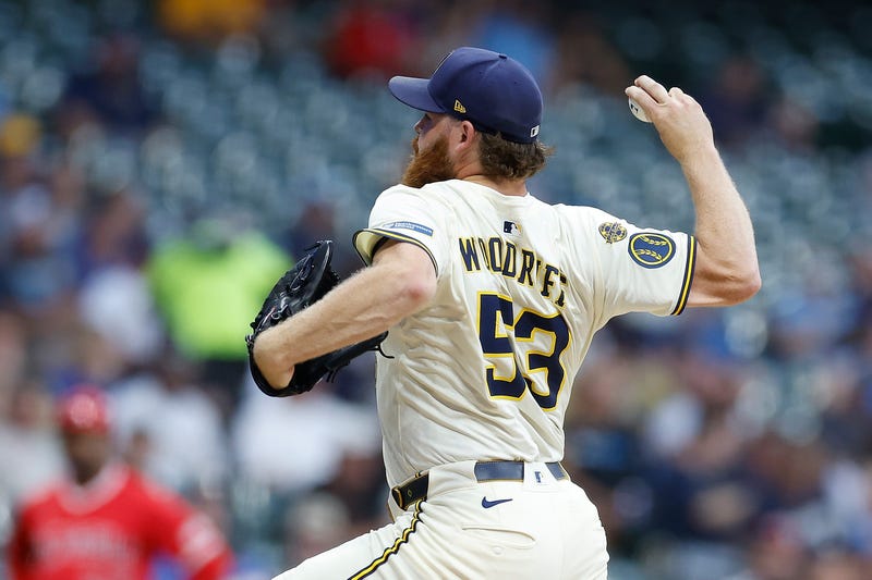Brandon Woodruff #53 of the Milwaukee Brewers throws a pitch in the first inning against the Los Angeles Angels at American Family Field on September 17, 2025 in Milwaukee, Wisconsin.