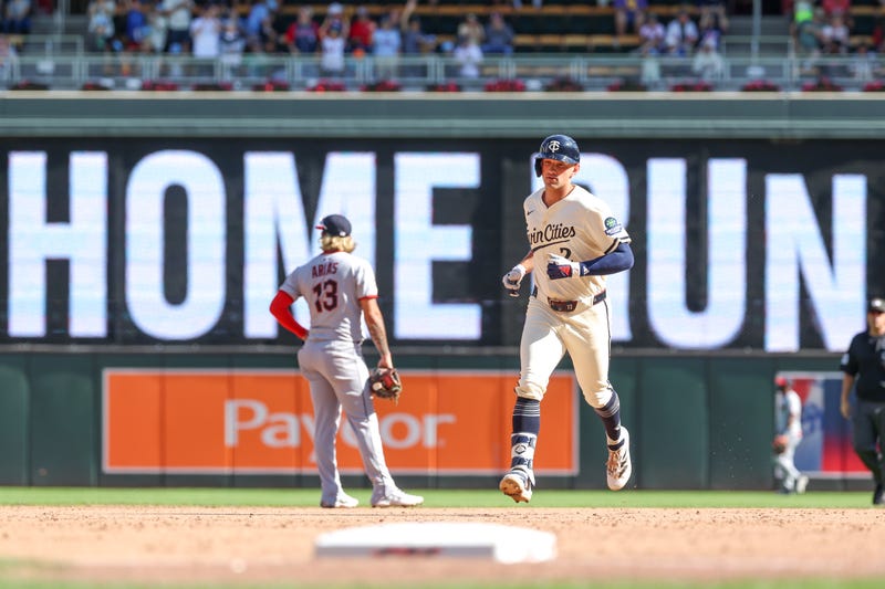 rooks Lee #2 of the Minnesota Twins celebrates a two-run home run against the Cleveland Guardians in the sixth inning at Target Field on September 21, 2025 in Minneapolis, Minnesota. 