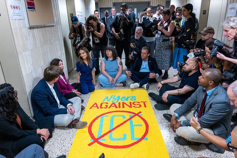 Comptroller Brad Lander joins 11 local elected officials inside lower Manhattan’s federal building, demanding access to an Immigration and Customs Enforcement (ICE) holding area on the building’s 10th floor on September 18, 2025, in New York City.  