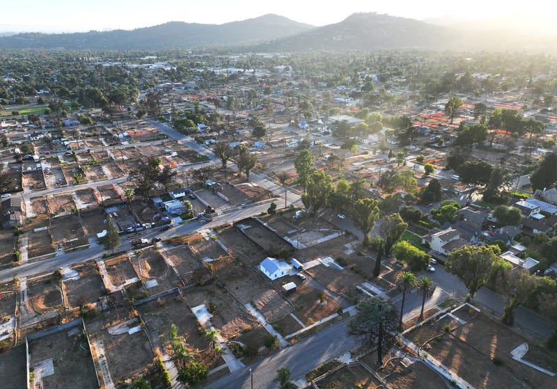  An aerial view of properties impacted by the Eaton Fire amid recovery efforts on September 19, 2025 in Altadena, California.