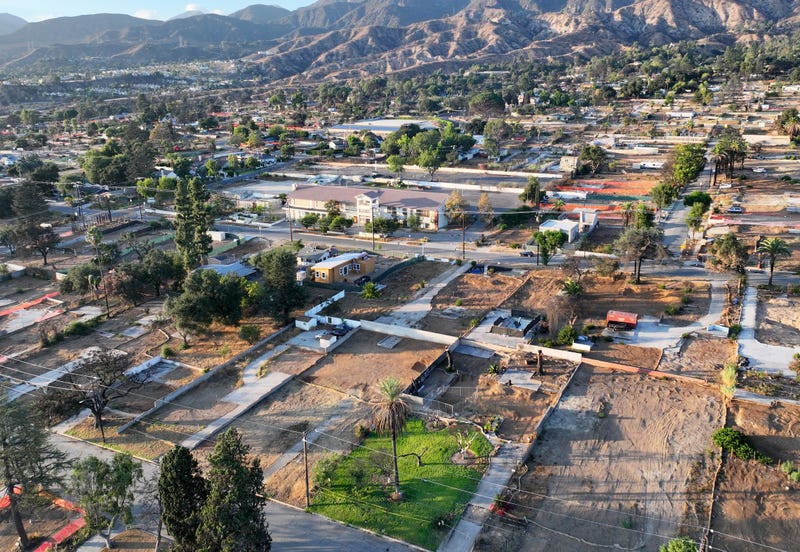 An aerial view of properties impacted by the Eaton Fire amid recovery efforts on September 19, 2025 in Altadena, California.