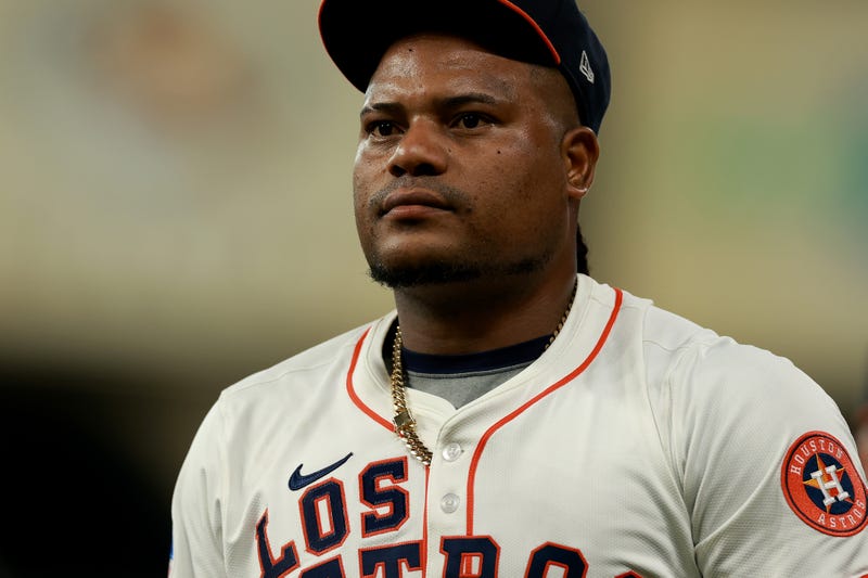 Framber Valdez #59 of the Houston Astros walks onto the field prior to the game against the Seattle Mariners at Daikin Park on September 20, 2025 in Houston, Texas.