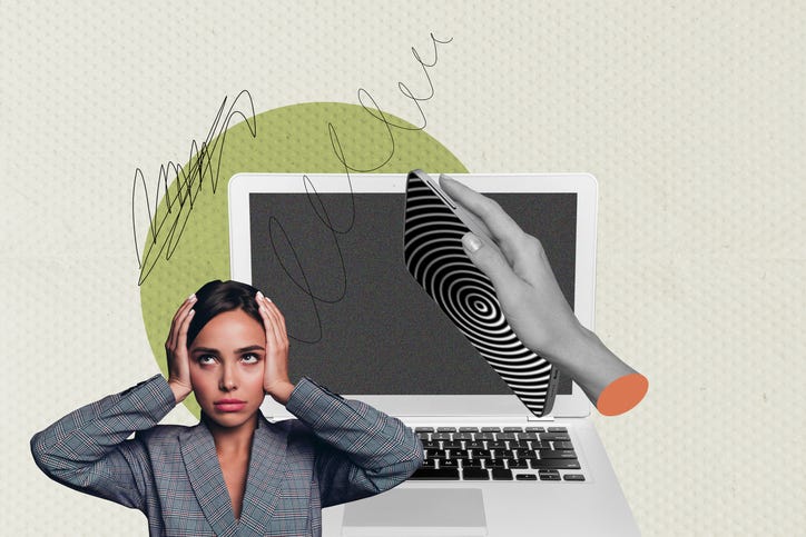 Collage portraying smartphone addiction and manipulation through digital lies and hypnotic propaganda illusions.