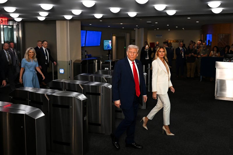 President Donald Trump (C) and first lady Melania Trump (C-R) arrive as world leaders gather for the 80th session of the UN’s General Assembly (UNGA) on September 23, 2025