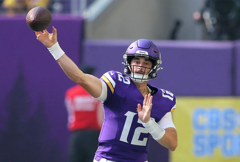 Max Brosmer #12 of the Minnesota Vikings throws the ball against the Cincinnati Bengals at U.S. Bank Stadium on September 21, 2025 in Minneapolis, Minnesota. 