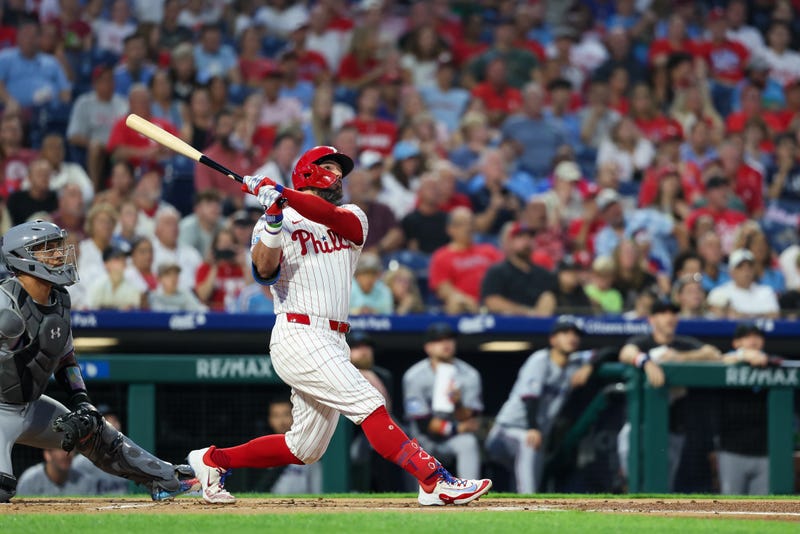 Phillies left fielder Kyle Schwarber hits a home run during the first inning against the Miami Marlins at Citizens Bank Park on Sept. 23 in Philadelphia, Pennsylvania.