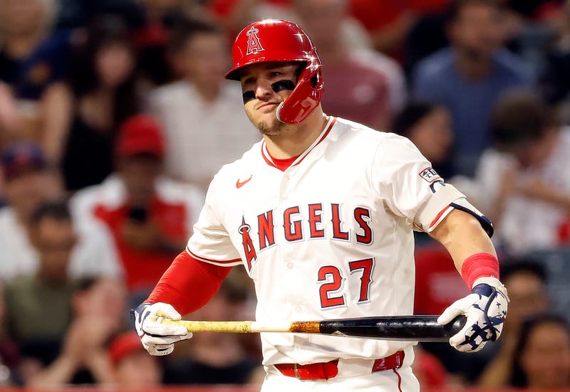 Mike Trout #27 of the Los Angeles Angels at bat against the Kansas City Royals in the first inning at Angel Stadium of Anaheim on September 23, 2025 in Anaheim, California.