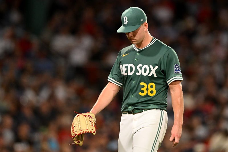 Kyle Harrison #38 of the Boston Red Sox walks off of the field after being taken out of the game during the third inning against the Detroit Tigers at Fenway Park on September 26, 2025 in Boston, Massachusetts